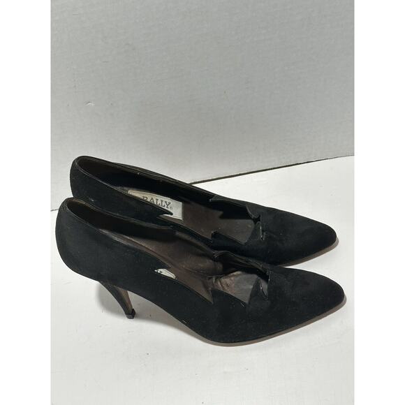 BALLY Vintage Avant Garde Black Suede Heel Pumps Sz 9 - Made in Italy Cut Edges - Picture 7 of 11